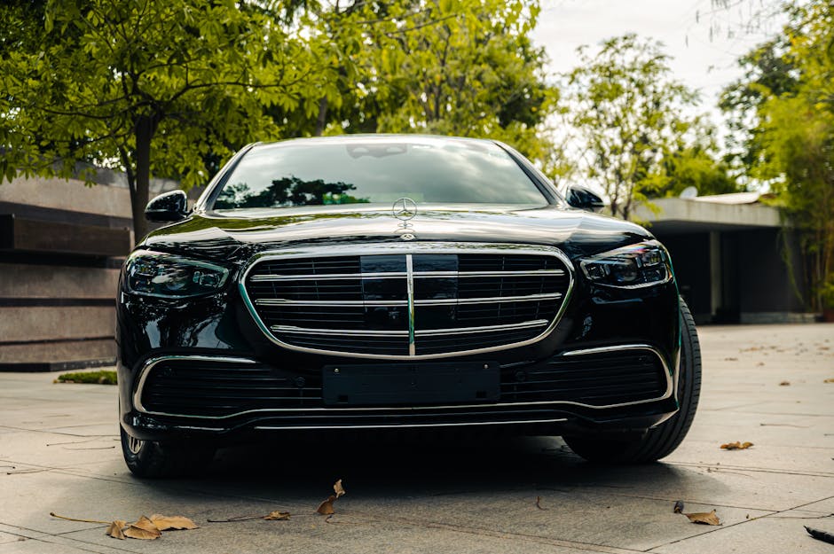 Front view of a luxurious black Mercedes Benz parked in a serene outdoor setting.